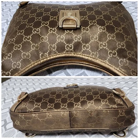 Authentic GUCCI GG Fabric Abbey Medium D-Ring Hobo Bag Gold Golden Brown - Picture 10 of 14